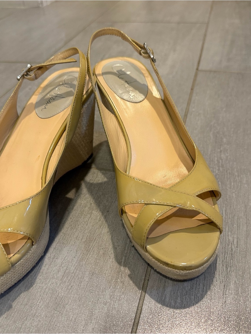 Cole Haan Patent Leather Espadrille  Wedge Sandals- celadon-